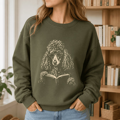 Poodle Reading Book Crewneck Sweatshirt | Reader Gift Military Green