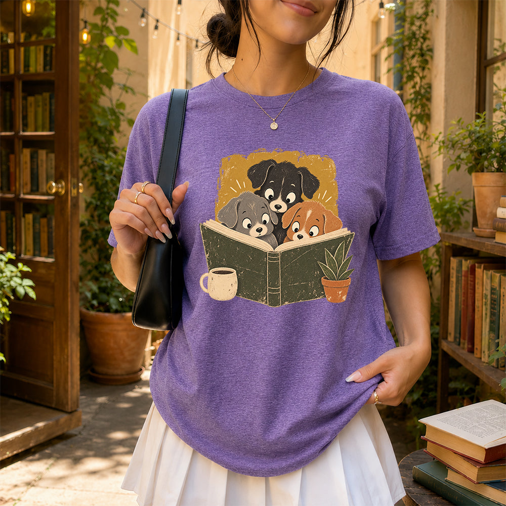 Minimal Japanese Dogs Reading Softstyle T-Shirt | Book Lover Gift Heather Purple