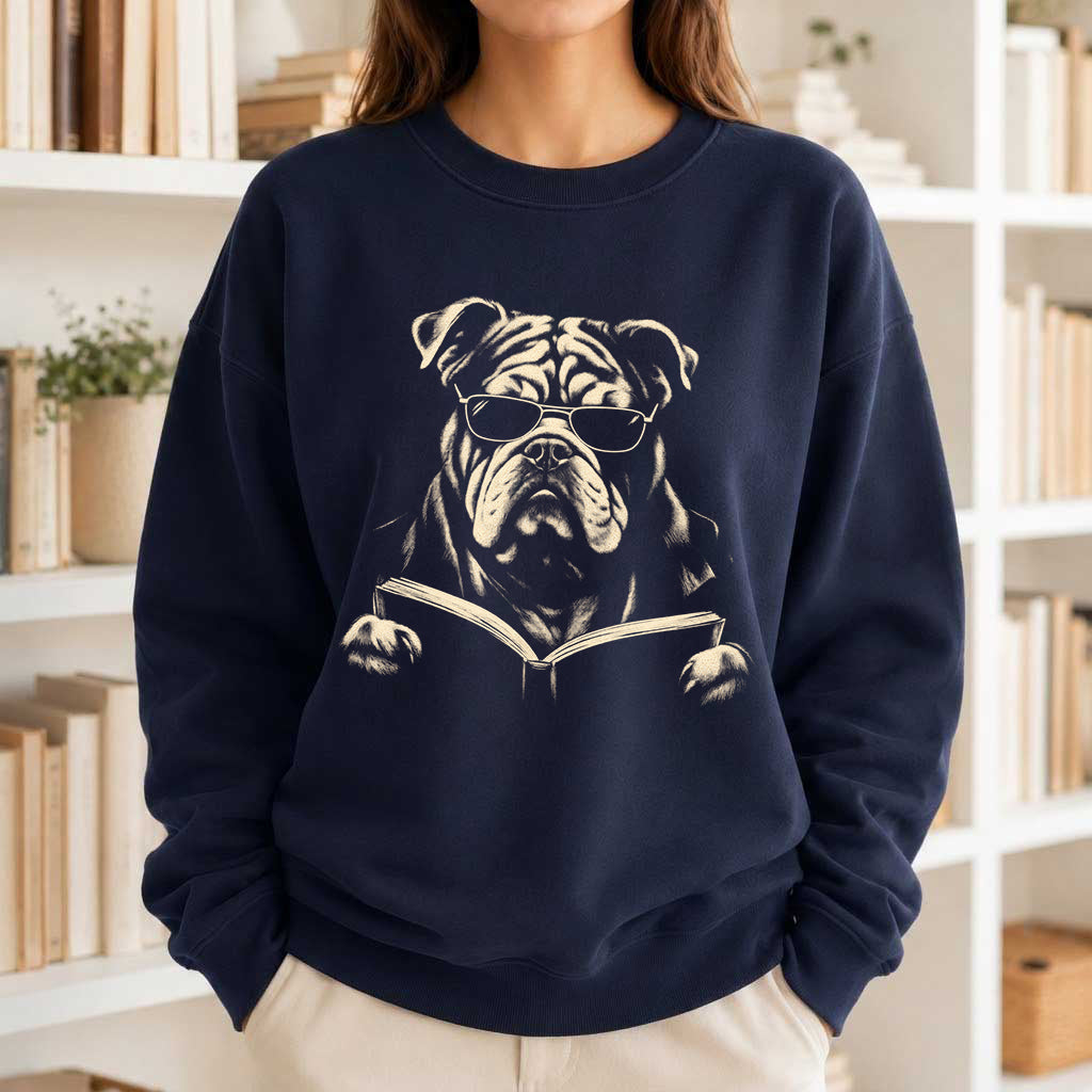 Bulldog Reading Book Crewneck Sweatshirt | Reader Gift Navy