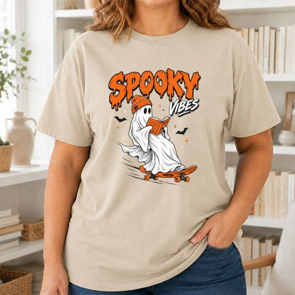 Spooky Vibes Printed T-Shirt | Halloween Book Lover Gift Sand