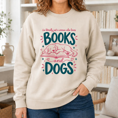 Just A Woman Who Loves Books and Dogs Crewneck Sweatshirt |  Dog Lover & Reader Gift Sand