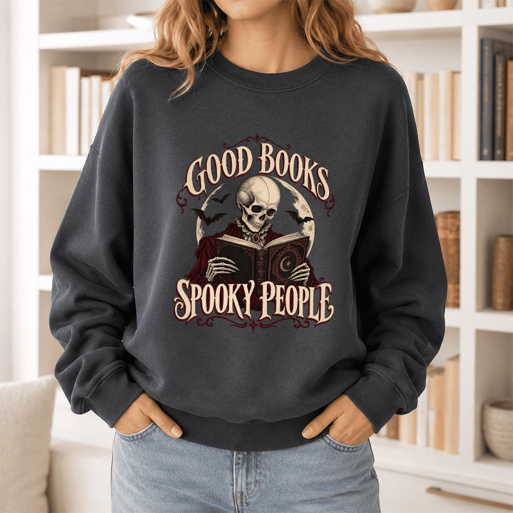 Good Books Spooky People Printed Sweatshirt | Halloween Book Lover Gift Dark Heather