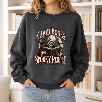Good Books Spooky People Printed Sweatshirt | Halloween Book Lover Gift Dark Heather