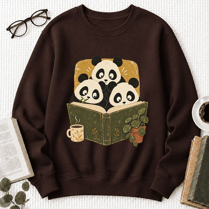 Curious Pandas Reading Crewneck Sweatshirt | Panda Lover & Reader Gift Dark Chocolate