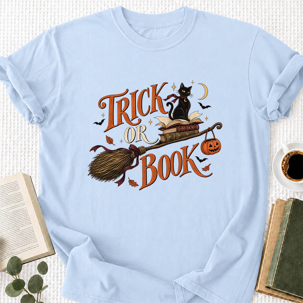 Trick Or Book Black Cat Printed T-Shirt | Halloween Book Lover Gift Light Blue