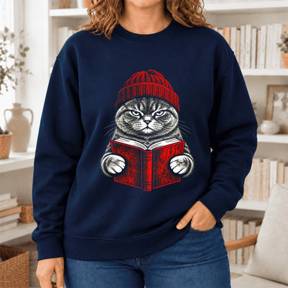 Vintage Reading Cat British Shorthair Softstyle Sweatshirt | Christmas Gift Navy