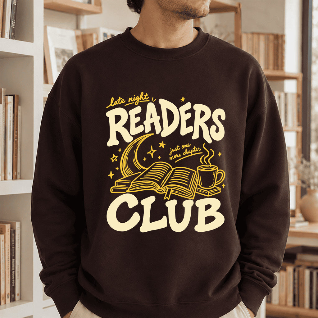 Late Night Readers Club Crewneck Sweatshirt | Reader Gift Dark Chocolate