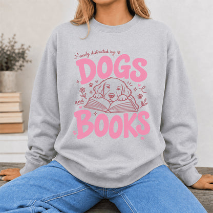 Easily Distracted By Dog And Books Crewneck Sweatshirt | Dog Lover & Reader Gift Sport Grey