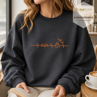 Reading Heartbeat Embroidered Sweatshirt | Spooky Halloween Book Lover Gift Dark Heather
