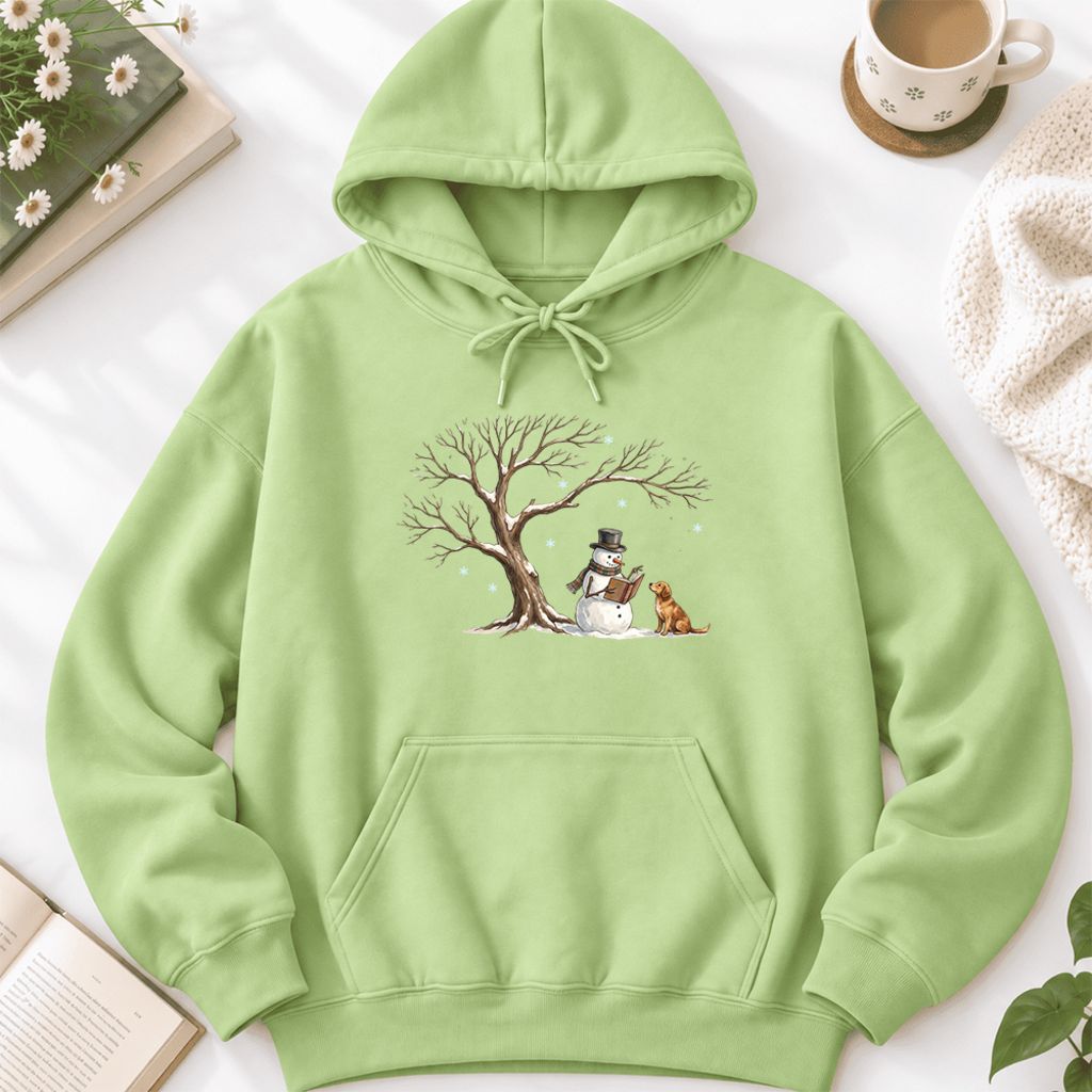 Golden Retriever And Snowman Under Tree Softstyle Hoodie | Christmas Reader Gift Pistachio