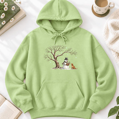 Golden Retriever And Snowman Under Tree Softstyle Hoodie | Christmas Reader Gift Pistachio
