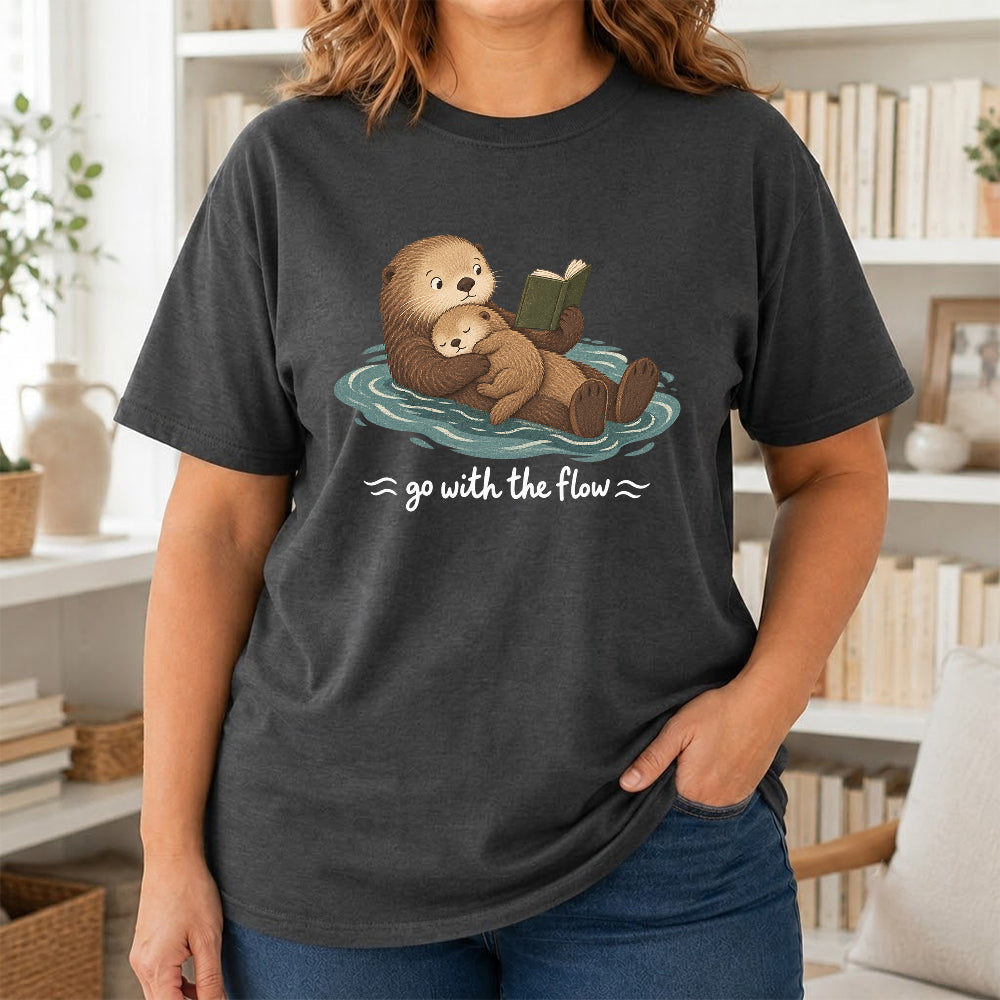 Go With The Flow Otter Reading Softstyle T-Shirt | Book Lover Gift Dark Heather