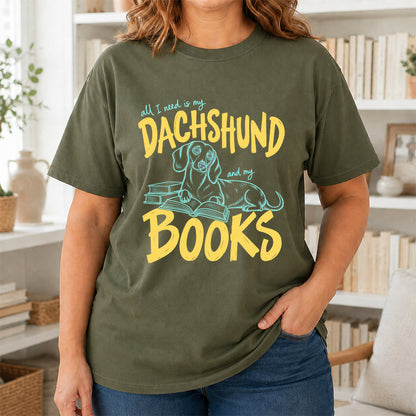 All I Need Is My Dachshund And My Books Softstyle T-Shirt | Book Lover Gift Military Green