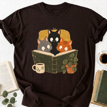 Minimal Japanese Cats Reading Softstyle T-Shirt | Book Lover Gift Dark Chocolate