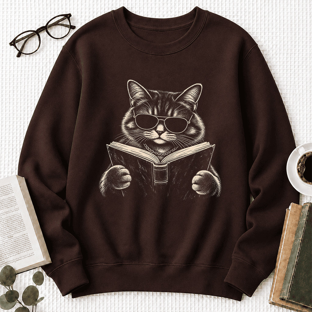 Cat Reading Book Crewneck Sweatshirt | Reader Gift Dark Chocolate