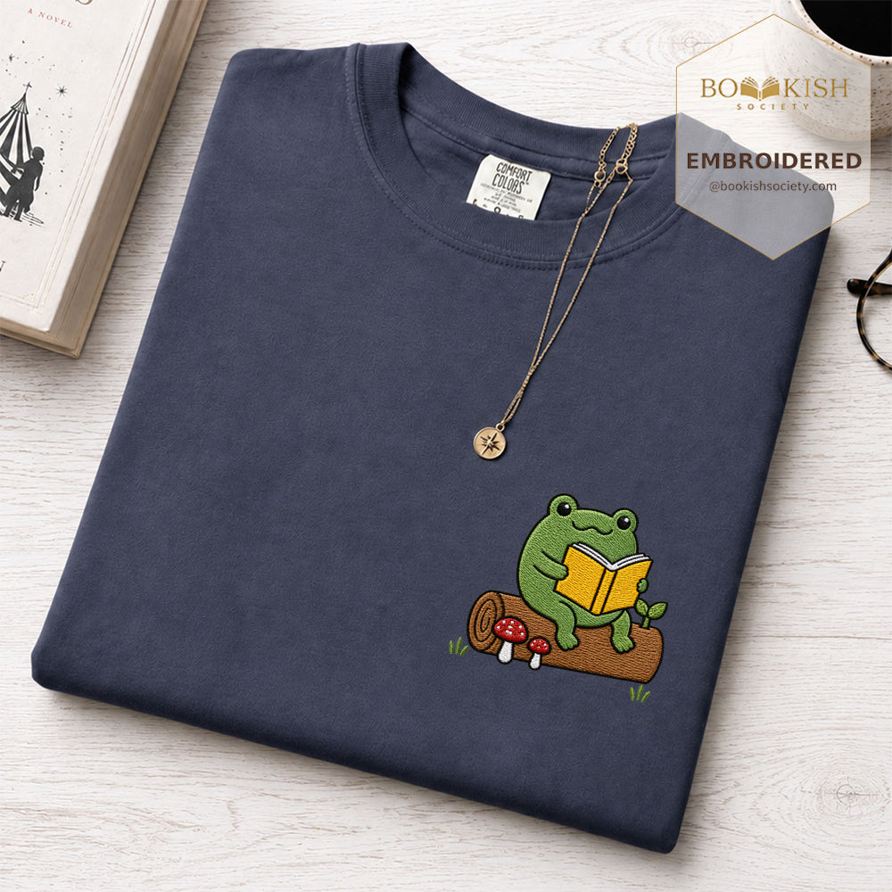 Embroidered Frog on Log Reading Book Comfort Color® T-shirt Book Lover Gift Denim