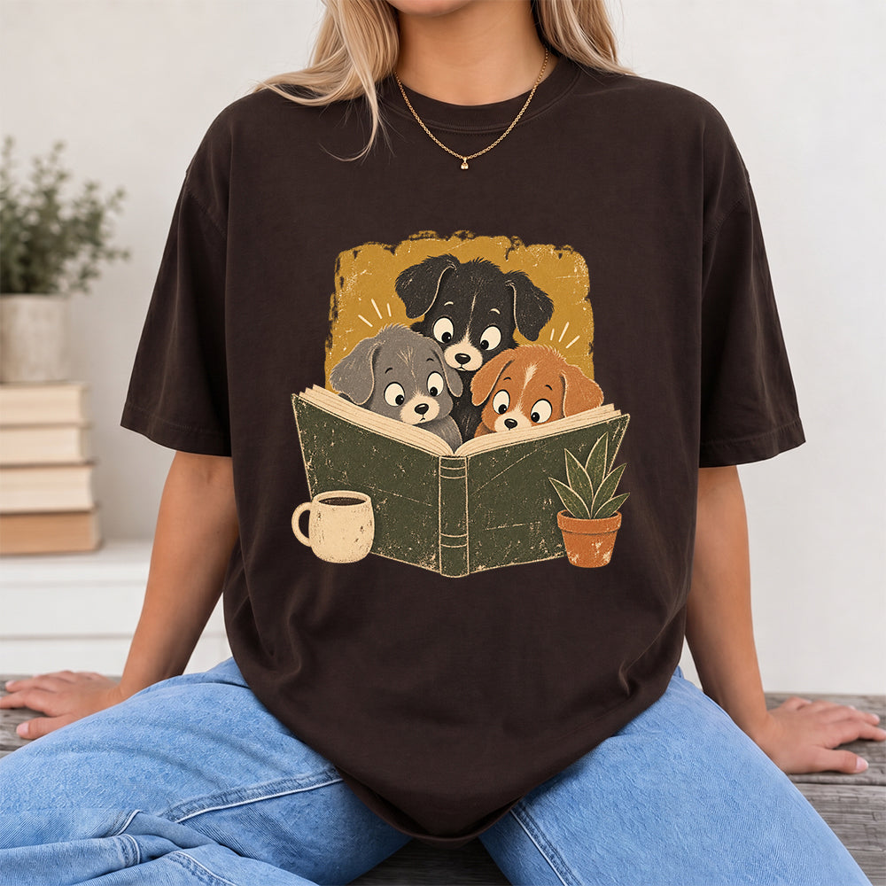 Minimal Japanese Dogs Reading Softstyle T-Shirt | Book Lover Gift Dark Chocolate