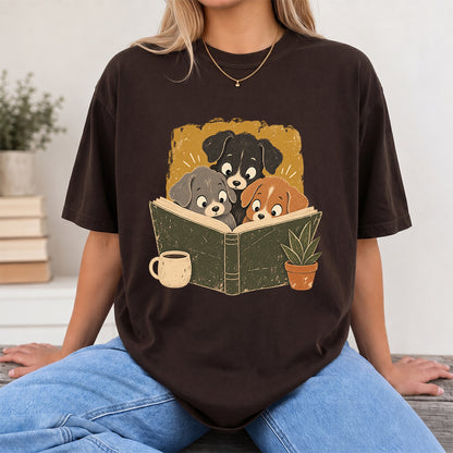 Minimal Japanese Dogs Reading Softstyle T-Shirt | Book Lover Gift Dark Chocolate
