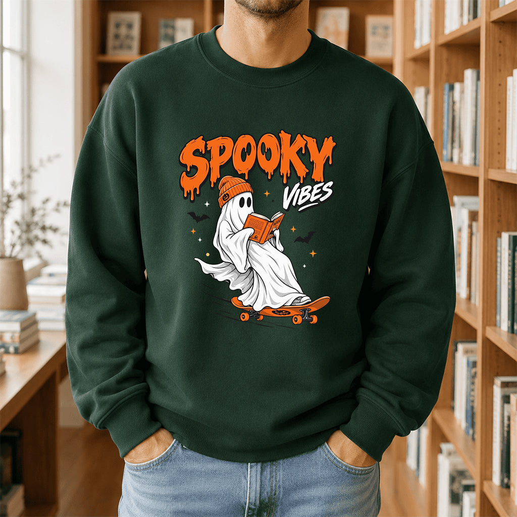 Spooky Vibes Printed Sweatshirt | Halloween Reader Gift Forest Green