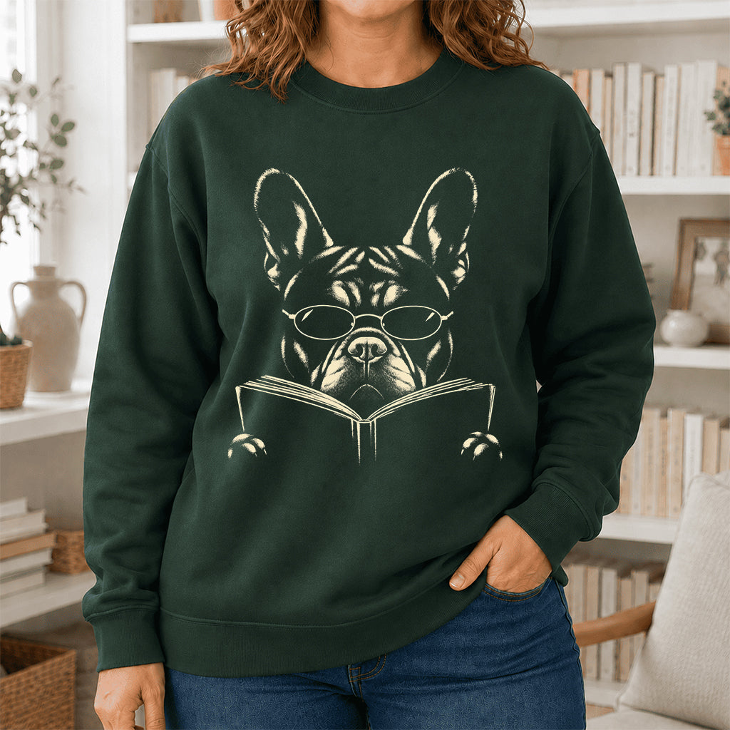 French Bulldog Reading Book Crewneck Sweatshirt | Reader Gift Forest Green