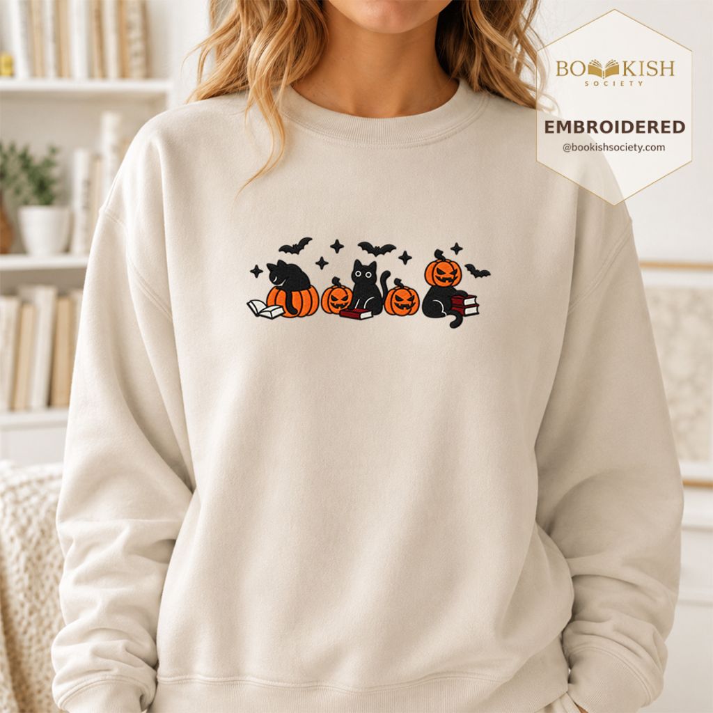 Black Cats And Halloween Embroidered Sweatshirt | Spooky Book Lover Gift Sand