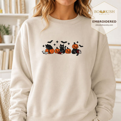 Black Cats And Halloween Embroidered Sweatshirt | Spooky Book Lover Gift Sand