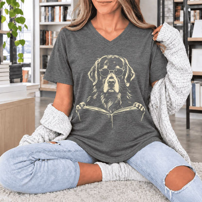 Golden Retriever Reading Book Ultra-Soft V-Neck | Dog Mom Reader Gift Deep Heather