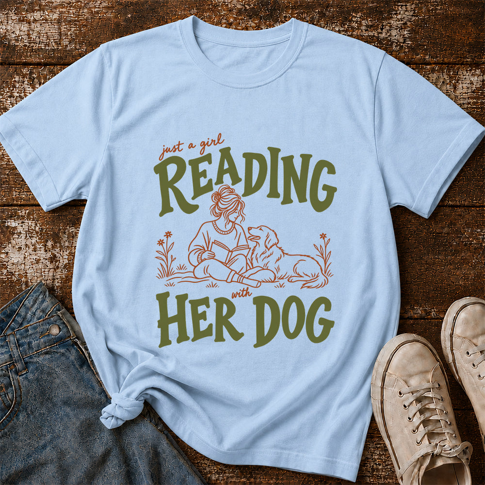 Just A Girl Reading With Her Dog Softstyle T-Shirt | Book Lover Gift Light Blue