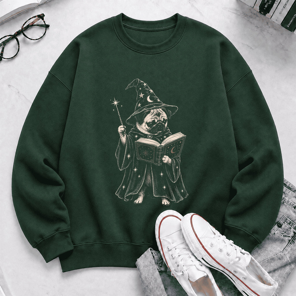 Cute Pug Witch Reading Book Printed Sweatshirt | Halloween Book Lover Gift Forest Green