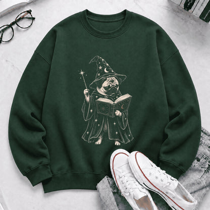 Cute Pug Witch Reading Book Printed Sweatshirt | Halloween Book Lover Gift Forest Green
