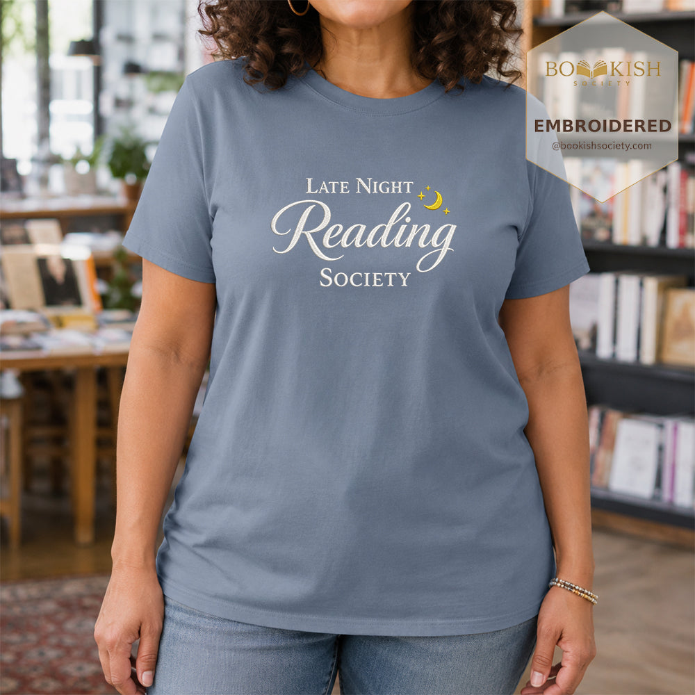 Late Night Reading Society Embroidered Comfort Color® T-shirt | Book Lover Gift Blue Jean
