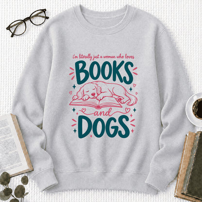Just A Woman Who Loves Books and Dogs Crewneck Sweatshirt |  Dog Lover & Reader Gift Sport Grey