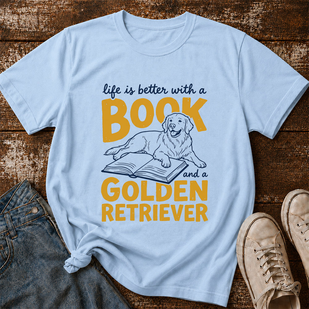 Life Is Better With A Book And A Golden Retriever Softstyle T-Shirt | Book Lover Gift Light Blue