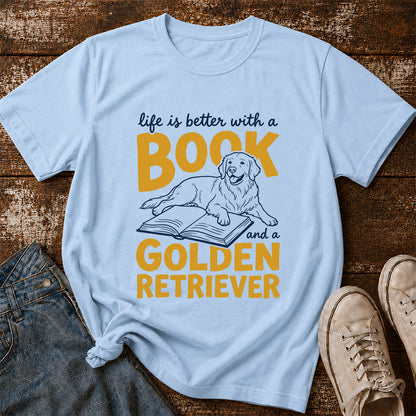 Life Is Better With A Book And A Golden Retriever Softstyle T-Shirt | Book Lover Gift Light Blue