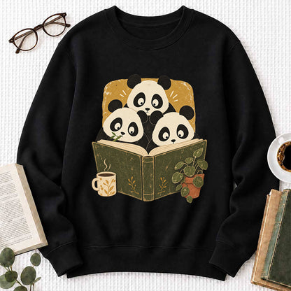 Curious Pandas Reading Crewneck Sweatshirt | Panda Lover & Reader Gift Black