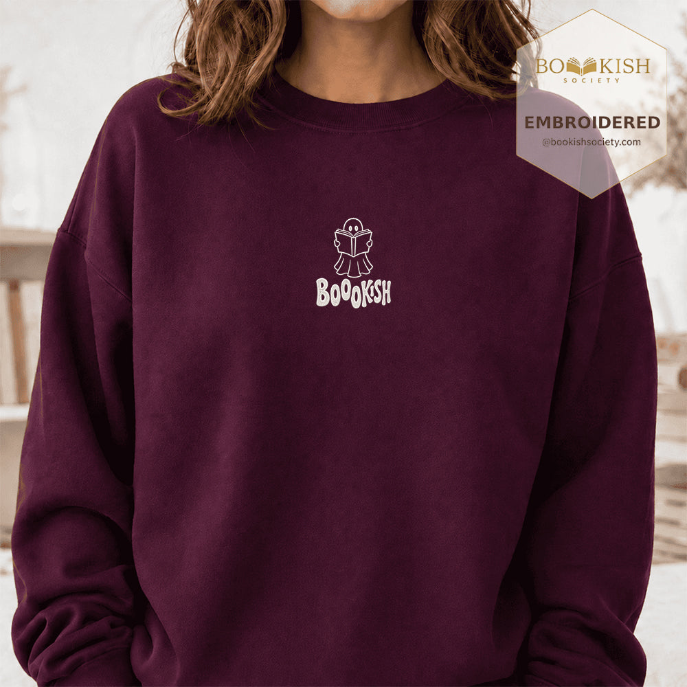Bookish Ghost Embroidered Sweatshirt | Halloween Book Lover Gift Maroon