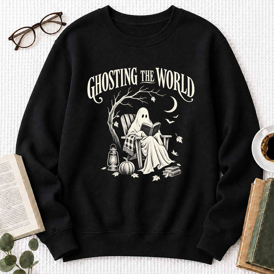 Ghosting The World Crewneck Sweatshirt | Halloween Reader Gift Black
