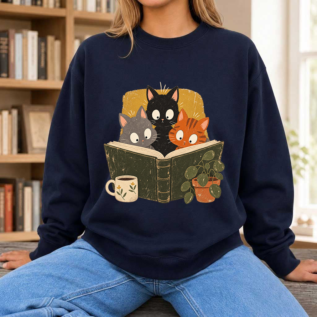 Minimal Japanese Cats Reading Crewneck Sweatshirt | Reader Gift Navy