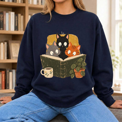 Minimal Japanese Cats Reading Crewneck Sweatshirt | Reader Gift Navy