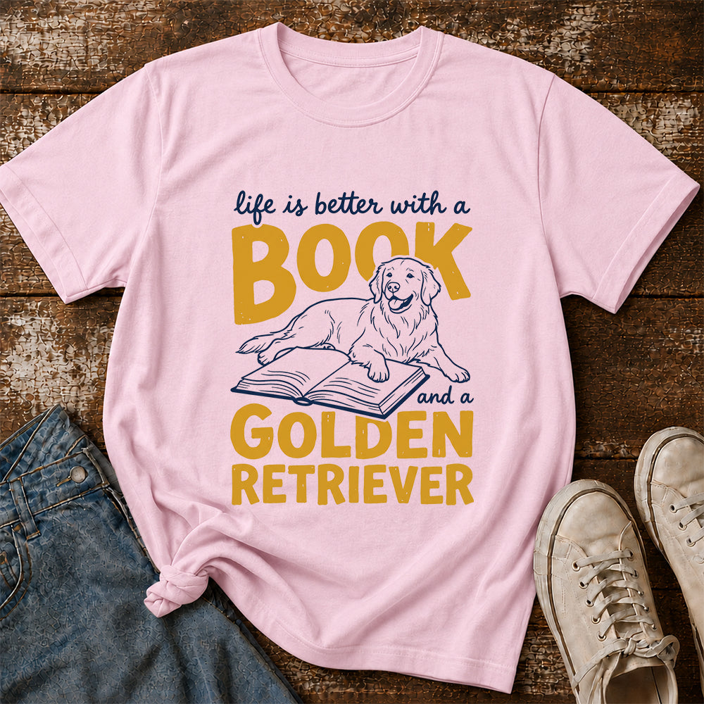 Life Is Better With A Book And A Golden Retriever Softstyle T-Shirt | Book Lover Gift Light Pink