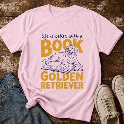 Life Is Better With A Book And A Golden Retriever Softstyle T-Shirt | Book Lover Gift Light Pink