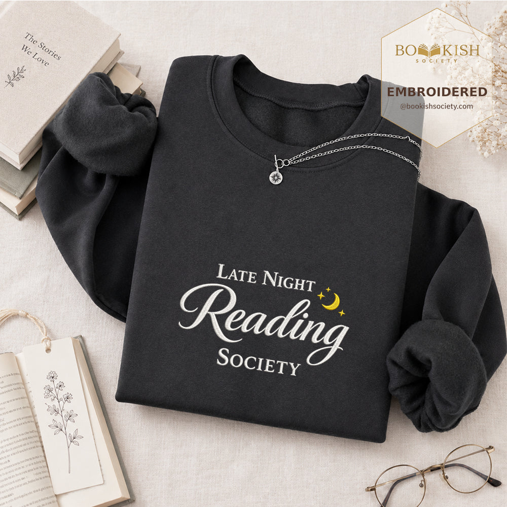 Late Night Reading Society Embroidered Sweatshirt | Reader Gift Dark Heather