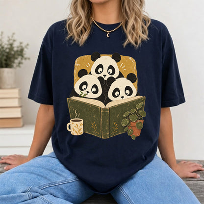 Minimal Japanese Pandas Reading Softstyle T-Shirt | Book Lover Gift Navy