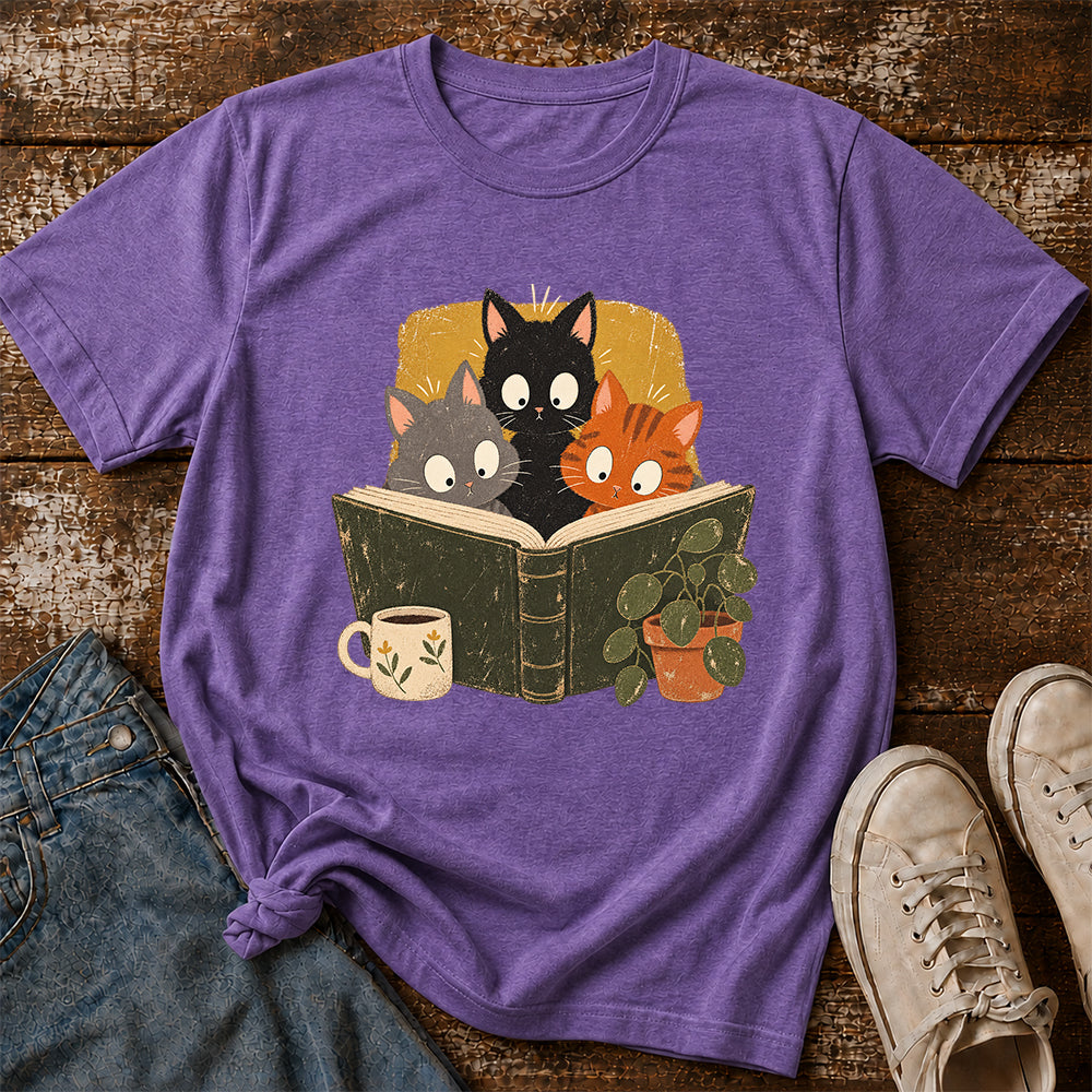 Minimal Japanese Cats Reading Softstyle T-Shirt | Book Lover Gift Heather Purple