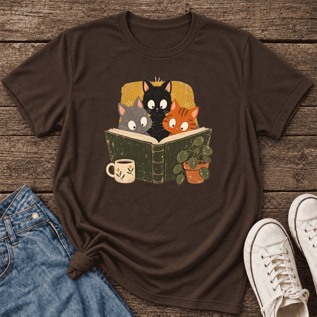 Curious Reading Cats Ultra-Soft Cotton T-Shirt | Cat Lover Reader Gift Brown