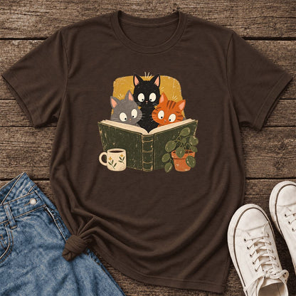 Curious Reading Cats Ultra-Soft Cotton T-Shirt | Cat Lover Reader Gift Brown