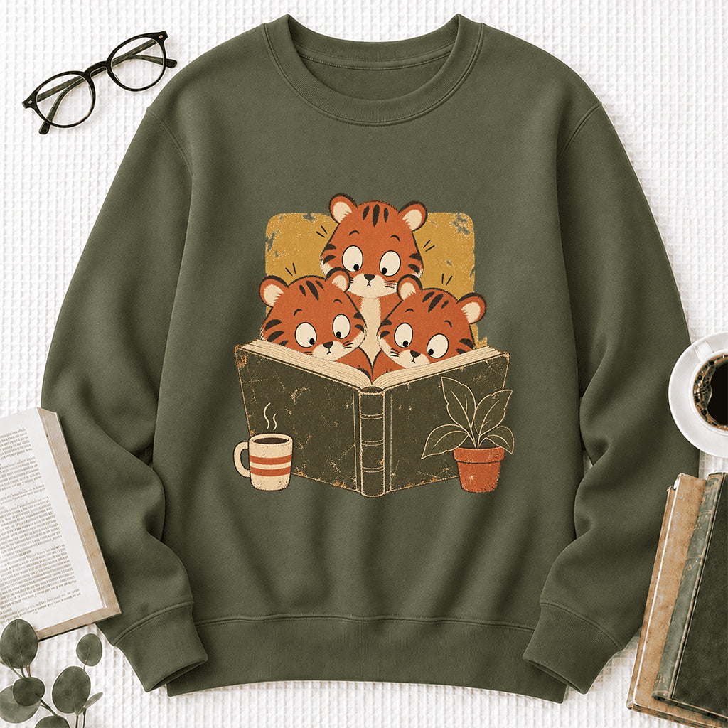 Minimal Japanese Tigers Reading Crewneck Sweatshirt | Reader Gift Military Green