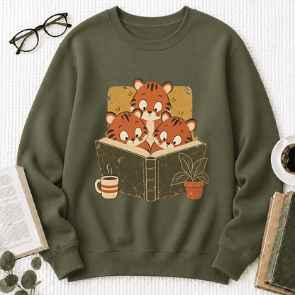 Minimal Japanese Tigers Reading Crewneck Sweatshirt | Reader Gift Military Green