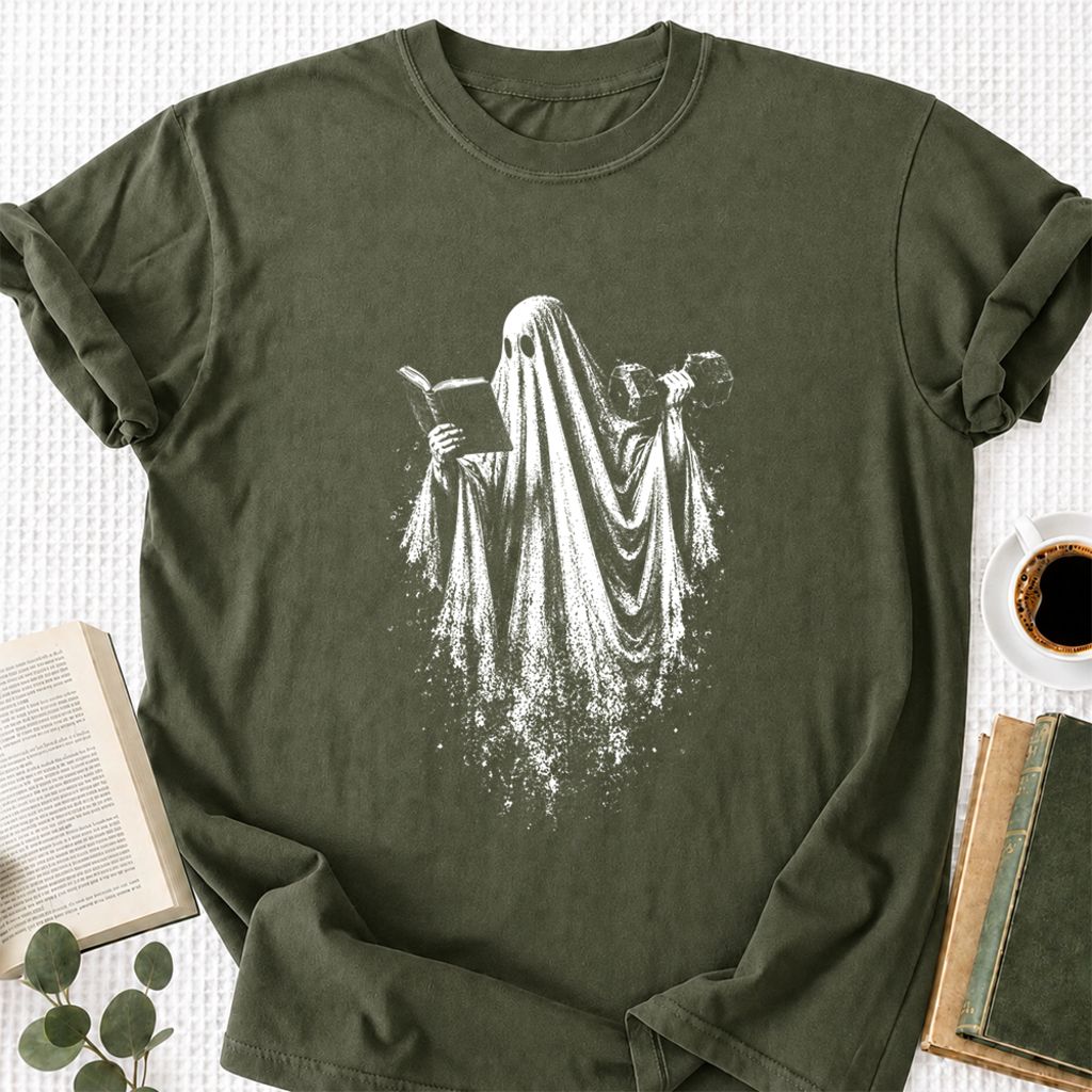 Reading Gym Ghost Printed T-Shirt | Halloween Book Lover Gift Military Green