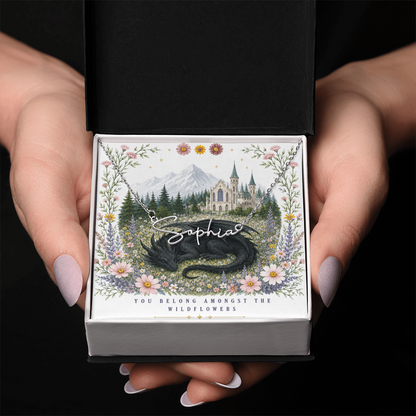 You Belong Amongst The Wildflowers Decorative Card And Custom Name Polished Stainless Steel Necklace With Box Book Lover Gift Font 2